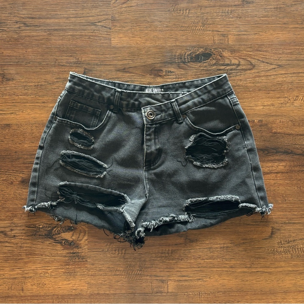Black Distressed Jean Shorts with V Waist & Raw Hem